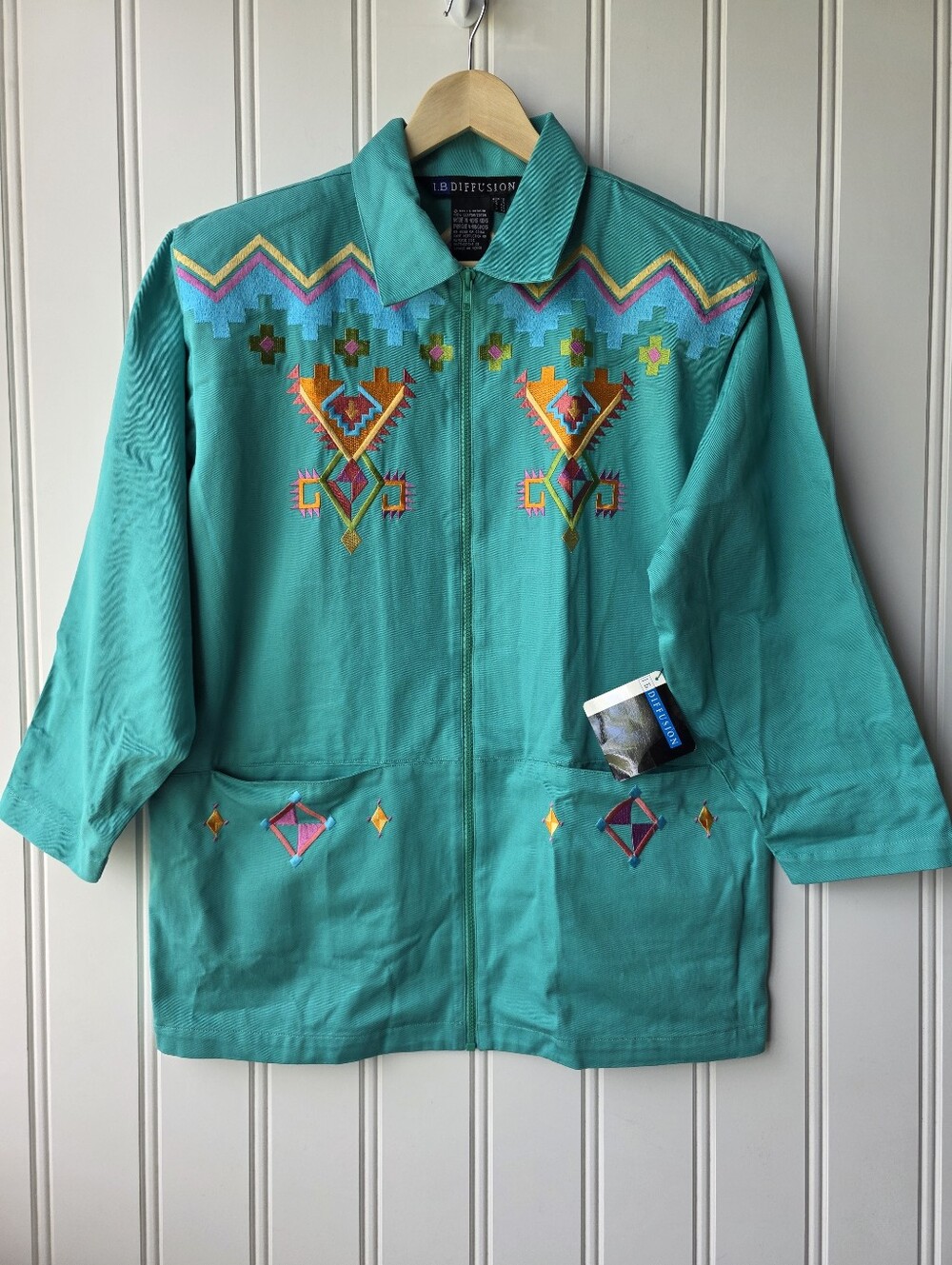 Vintage 90s I.B Diffusion Southwest Aztec Jacket Womens Size 12 Teal